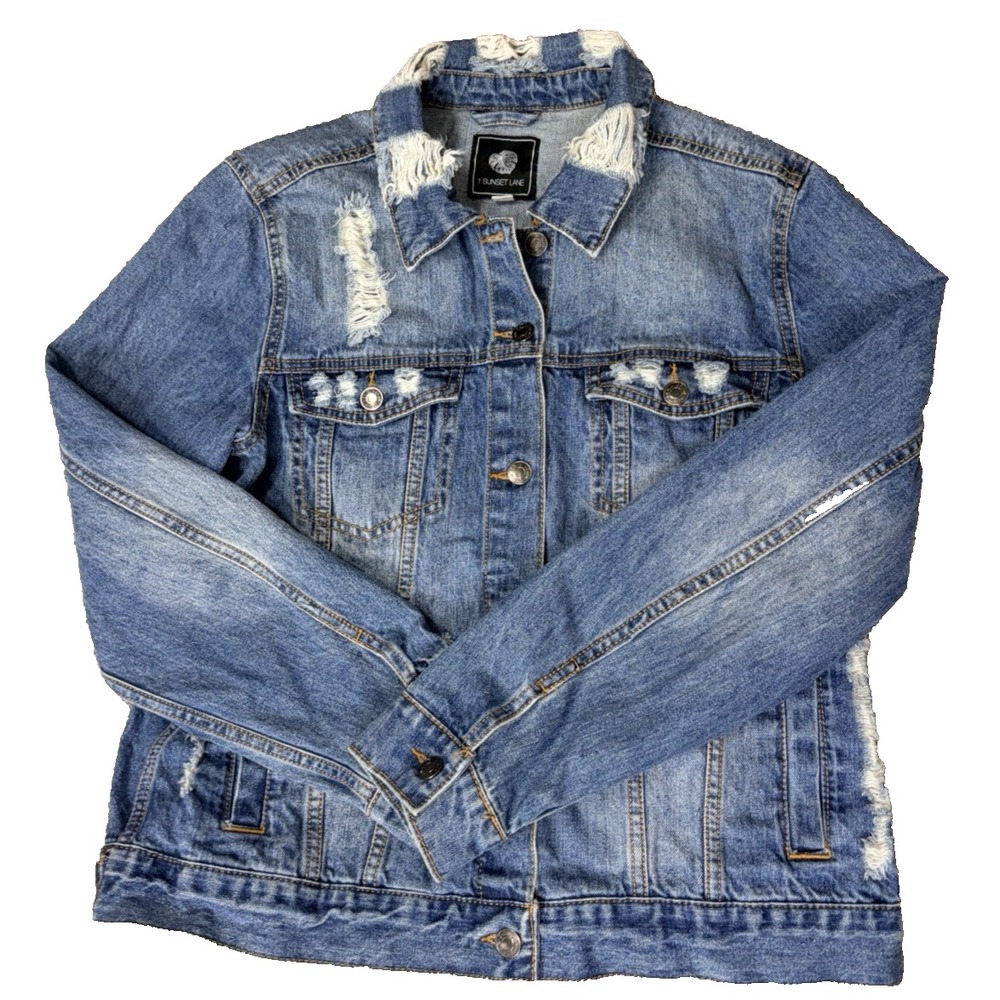 1 Sunset Lane Jacket Women' Blue Denim MEDIUM Distressed Collared Button Pockets